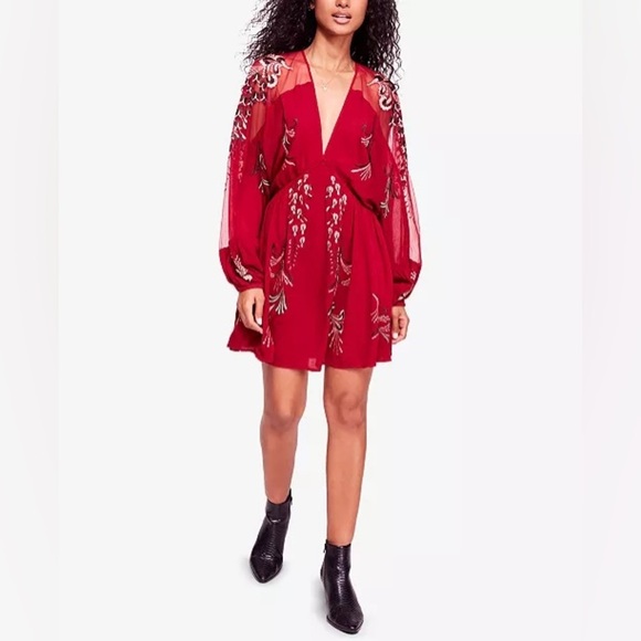 Free People Bonjour Floral Red Embroidered Long Sleeve Mini Dress XS - Picture 3 of 15
